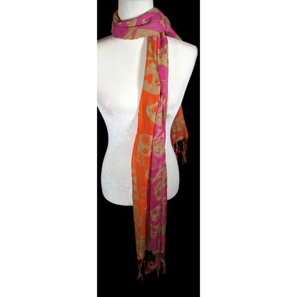 Gothic Voodoo Pink And Orange Skull Print Scarf With Fringe And Bead Accents