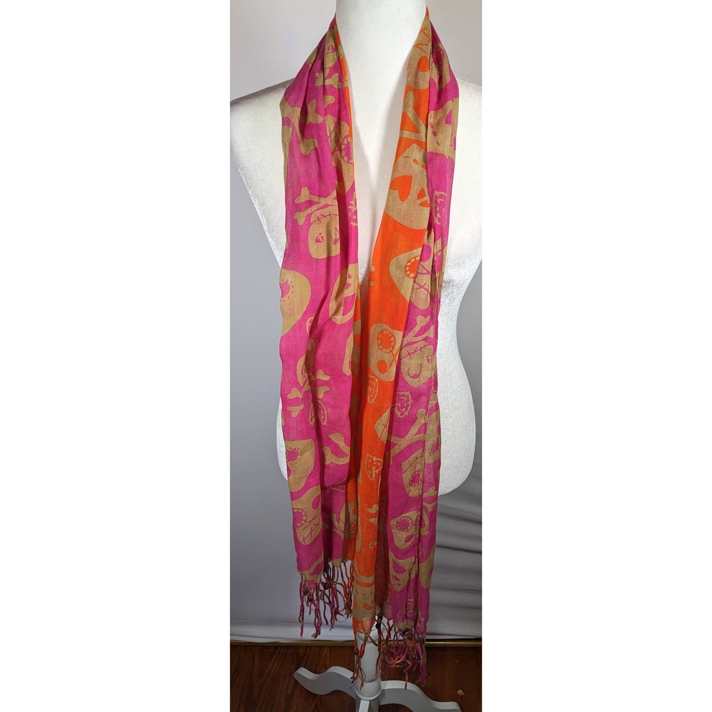 Gothic Voodoo Pink And Orange Skull Print Scarf With Fringe And Bead Accents