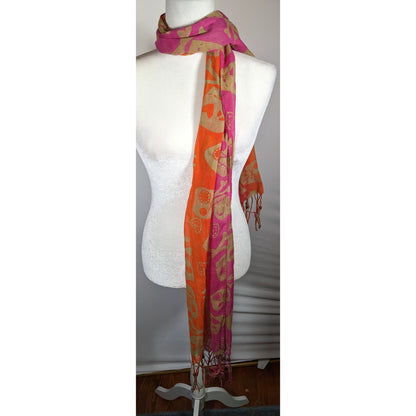 Gothic Voodoo Pink And Orange Skull Print Scarf With Fringe And Bead Accents