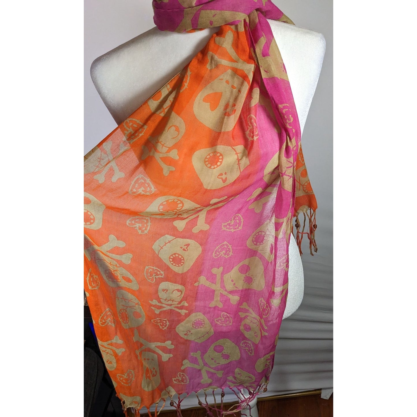 Gothic Voodoo Pink And Orange Skull Print Scarf With Fringe And Bead Accents