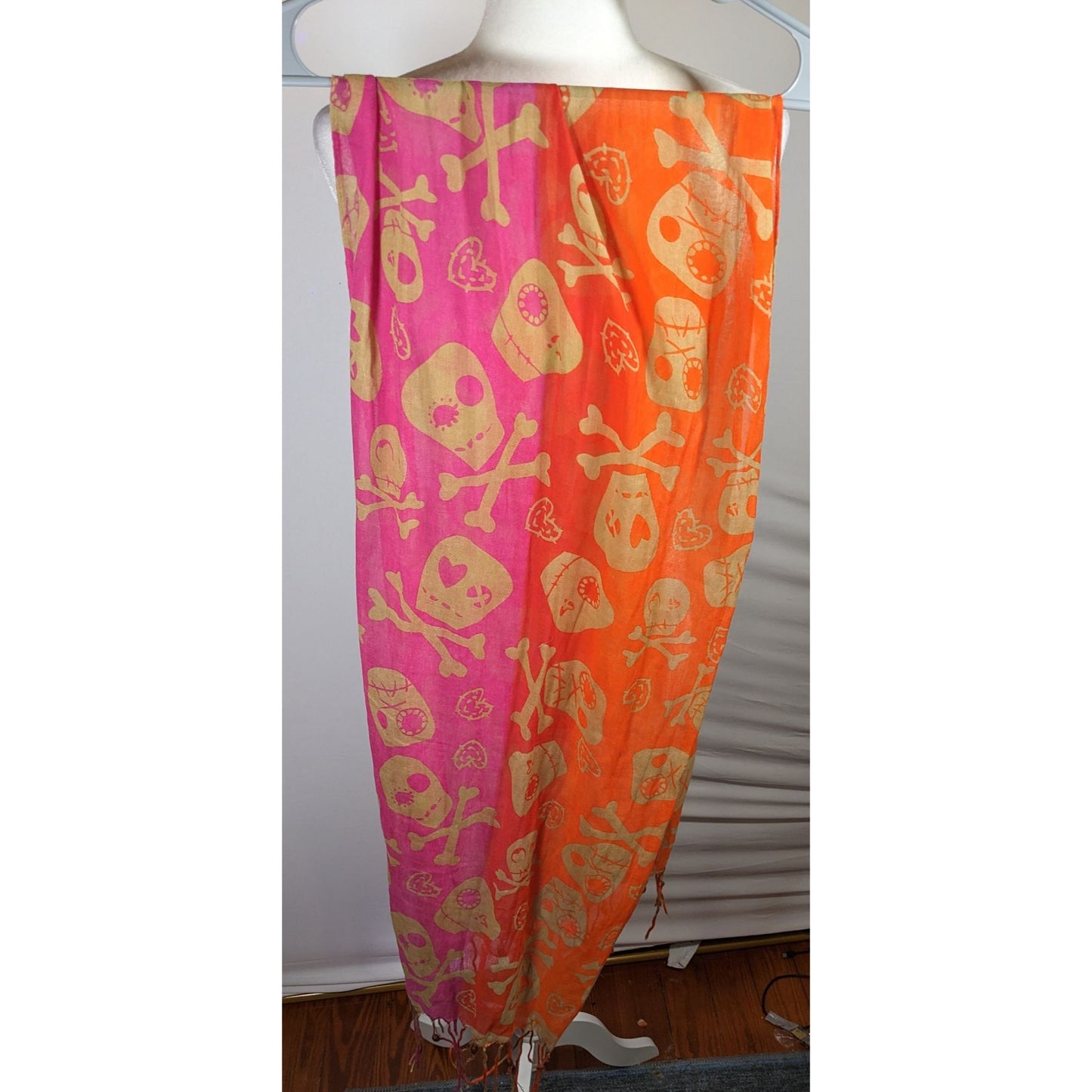 Gothic Voodoo Pink And Orange Skull Print Scarf With Fringe And Bead Accents