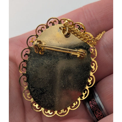70s Vintage Japanese Floral Cameo Convertible Brooch Pendant Necklace Red Gold Tone