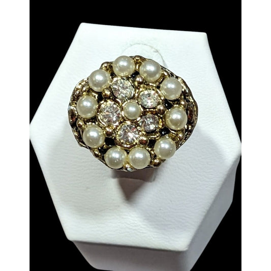 Vintage Glam Gold Tone Rhinestone Seed Pearl Adjustable Ring Size 6