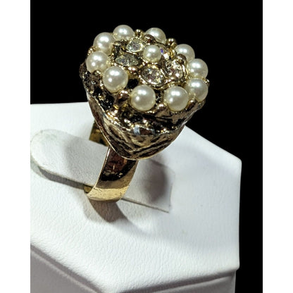 Vintage Glam Gold Tone Rhinestone Seed Pearl Adjustable Ring Size 6