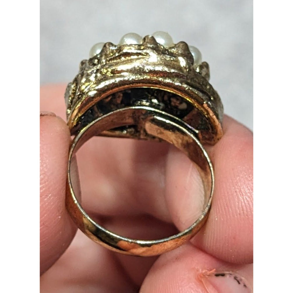 Vintage Glam Gold Tone Rhinestone Seed Pearl Adjustable Ring Size 6