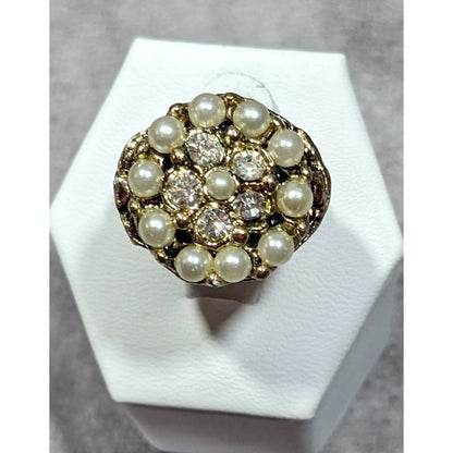 Vintage Glam Gold Tone Rhinestone Seed Pearl Adjustable Ring Size 6