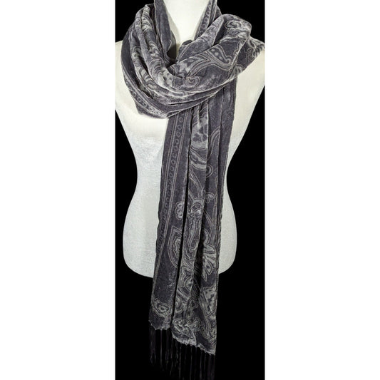 Style & Co Grey Gothic Floral Velvet Burnout Scarf With Fringe