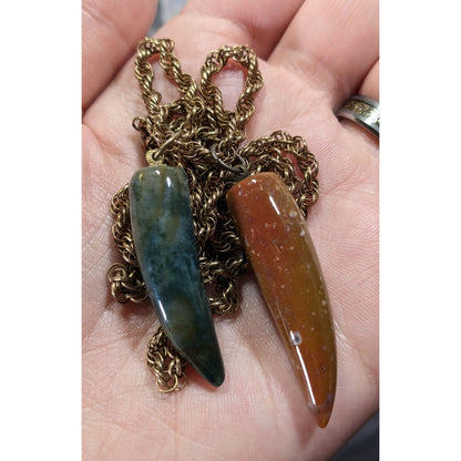Vintage Dual Carved Stone Fang Pendant Necklace