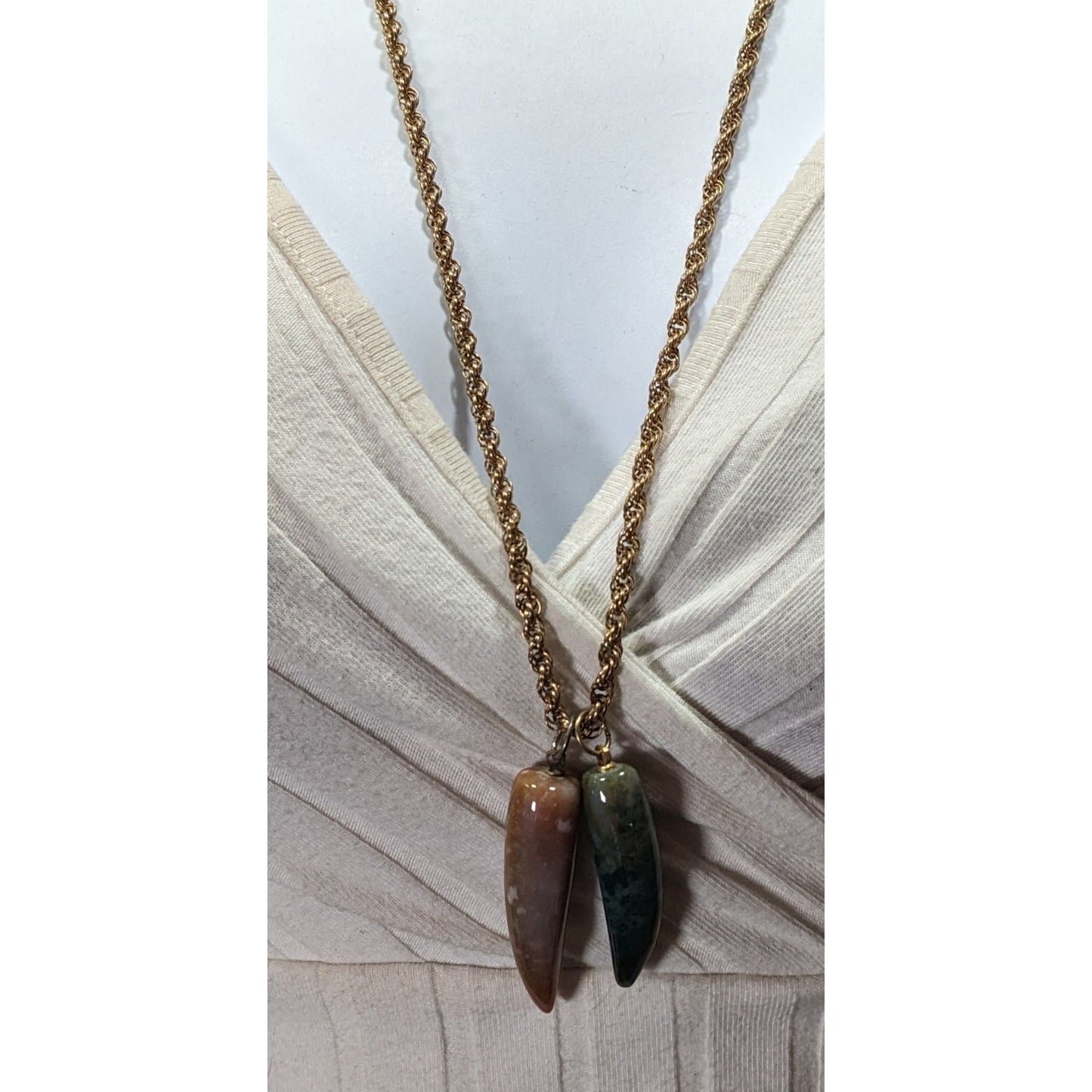 Vintage Dual Carved Stone Fang Pendant Necklace