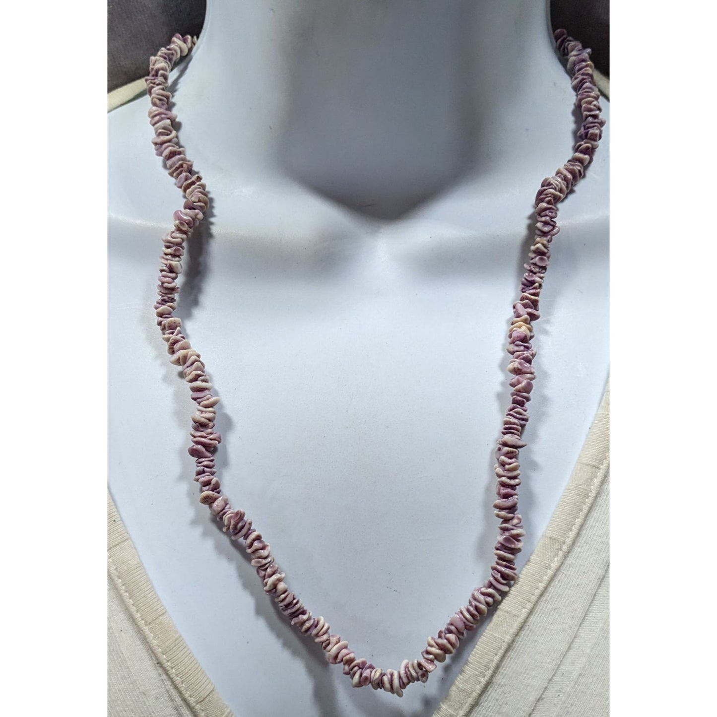 Vintage Purple & White Shell Bead Necklace With Barrel Closure