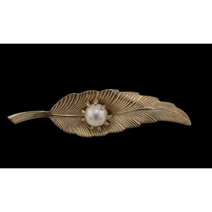 Vintage Victorian Revival Gold Tone Leaf Brooch With Faux Pearl Accent