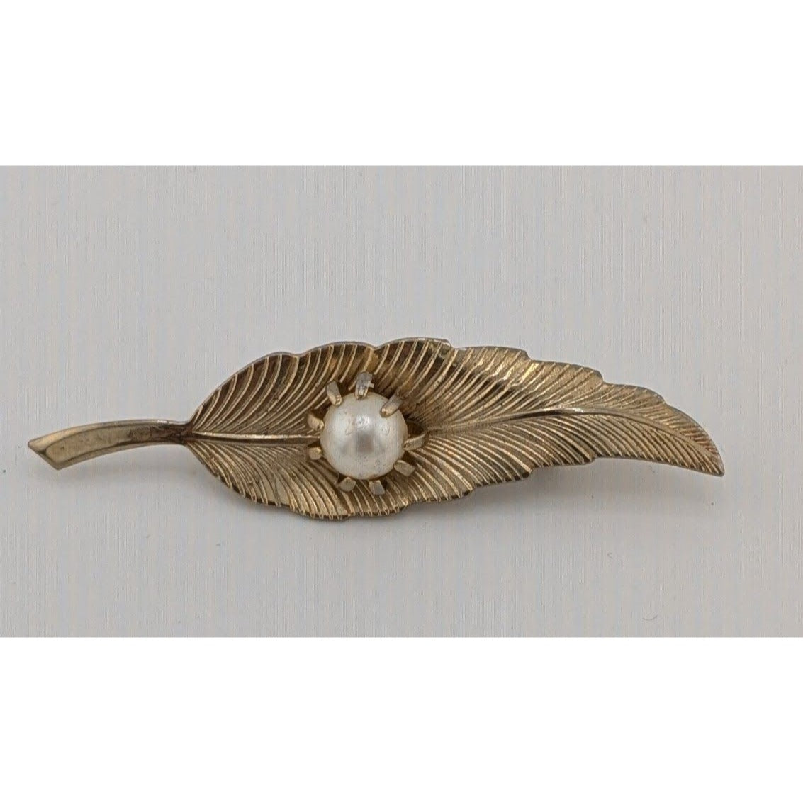 Vintage Victorian Revival Gold Tone Leaf Brooch With Faux Pearl Accent
