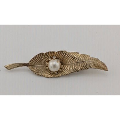 Vintage Victorian Revival Gold Tone Leaf Brooch With Faux Pearl Accent