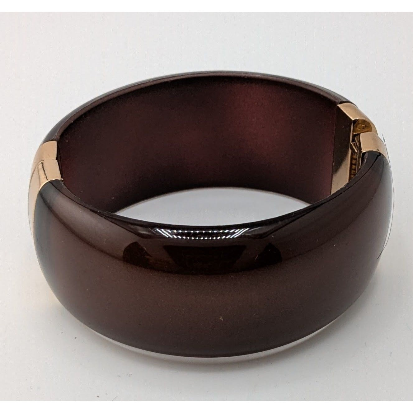 Hinged Brown Resin Bangle Bracelet With Gold-Tone Accents