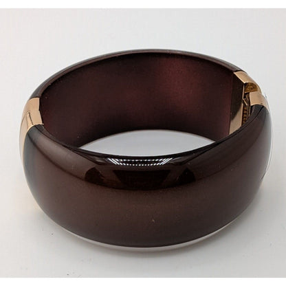 Hinged Brown Resin Bangle Bracelet With Gold-Tone Accents