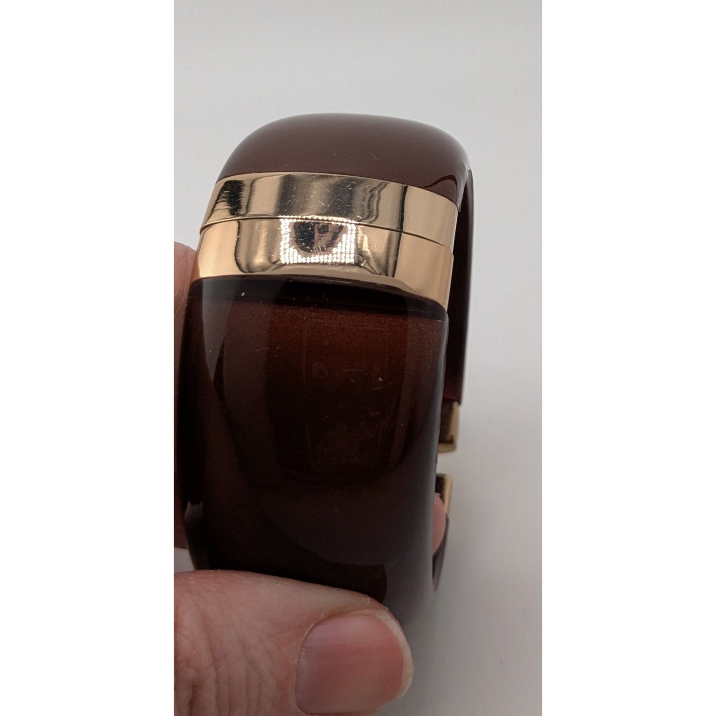 Hinged Brown Resin Bangle Bracelet With Gold-Tone Accents