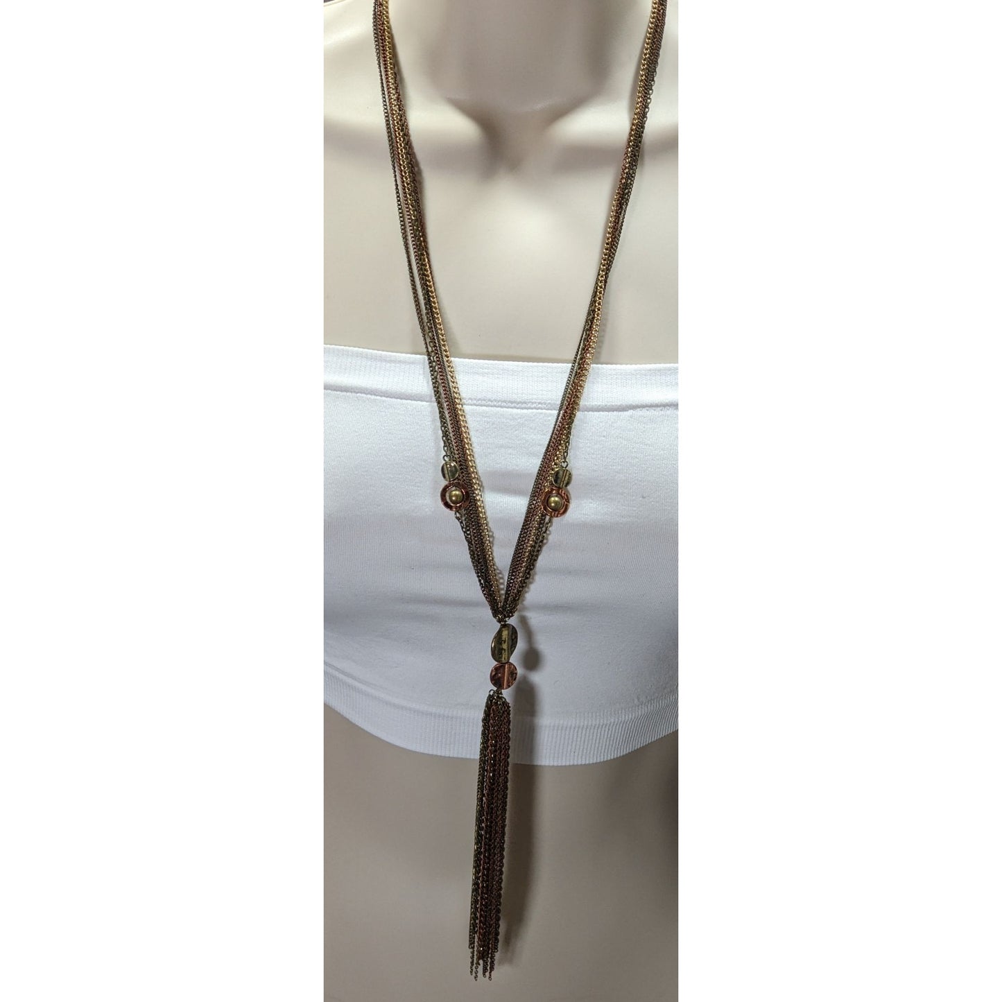 Vintage Bohemian Multi-Strand Copper & Gold-Tone Necklace With Metal Disc Accents & 6-Inch Tassel Drop