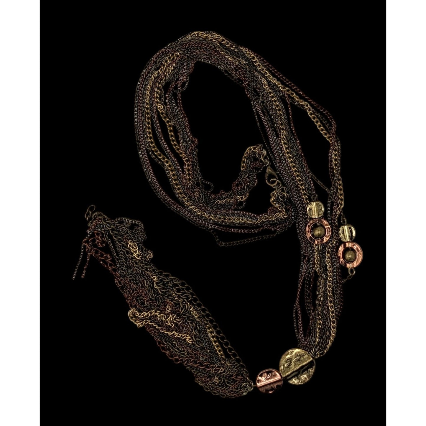 Vintage Bohemian Multi-Strand Copper & Gold-Tone Necklace With Metal Disc Accents & 6-Inch Tassel Drop
