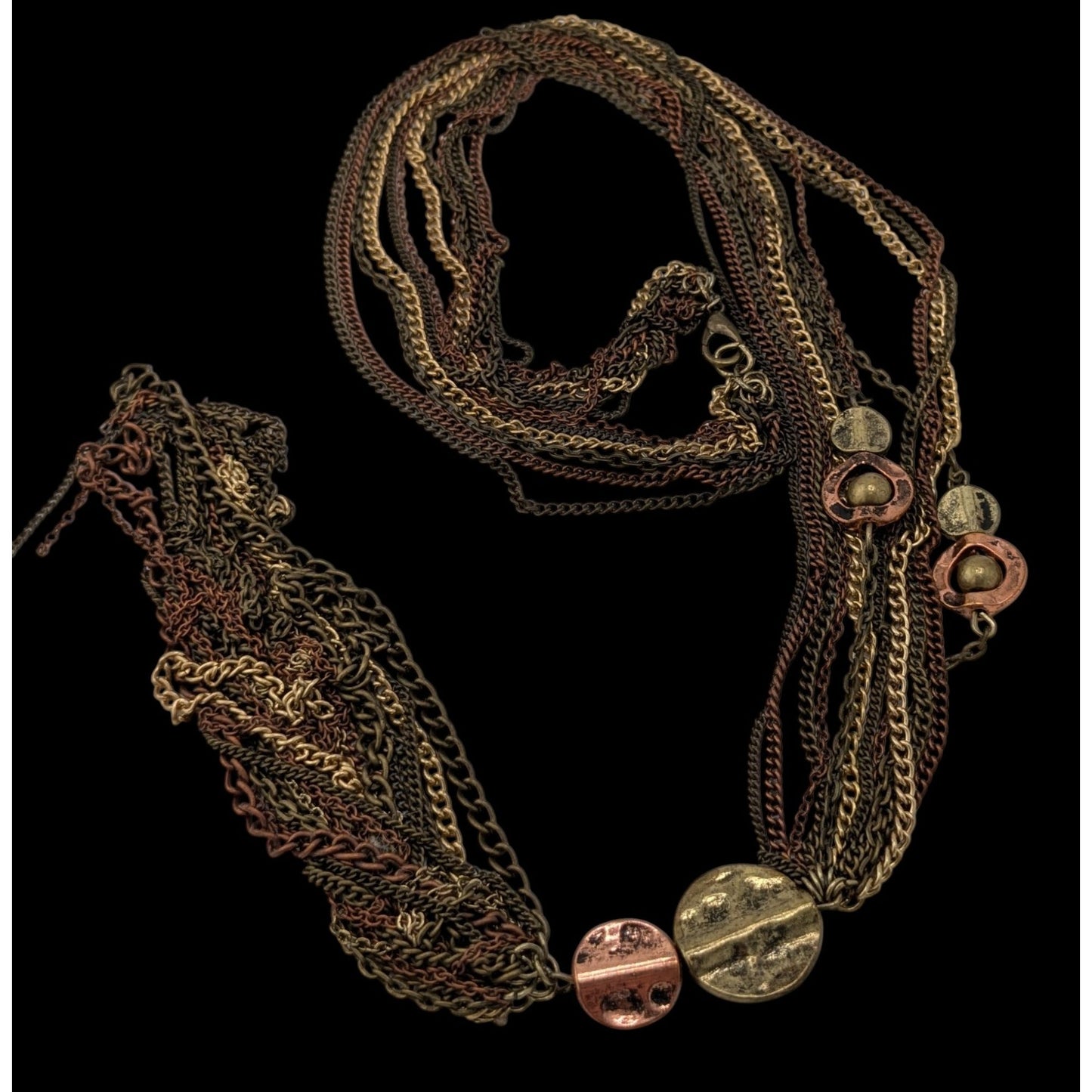 Vintage Bohemian Multi-Strand Copper & Gold-Tone Necklace With Metal Disc Accents & 6-Inch Tassel Drop