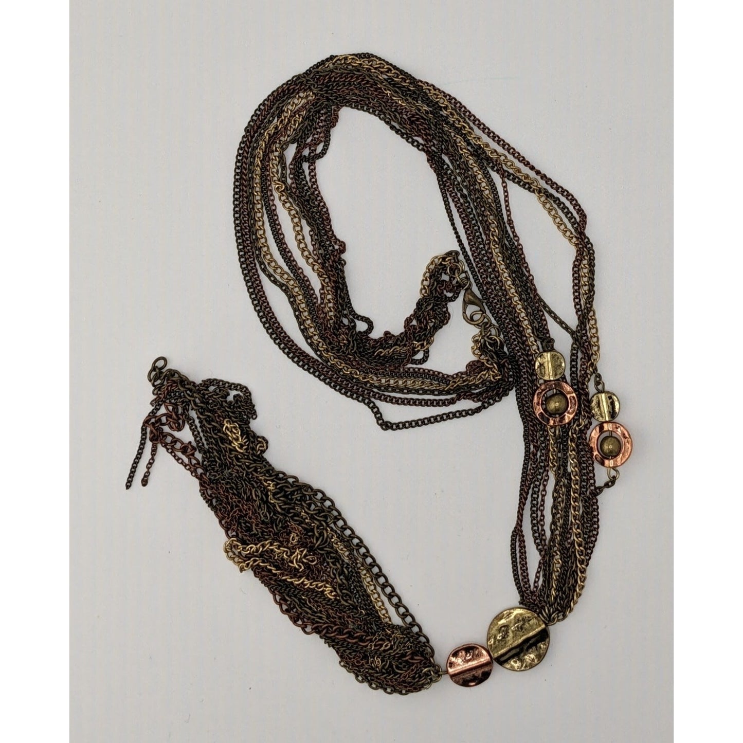 Vintage Bohemian Multi-Strand Copper & Gold-Tone Necklace With Metal Disc Accents & 6-Inch Tassel Drop
