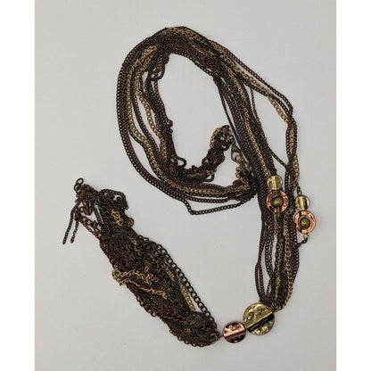 Vintage Bohemian Multi-Strand Copper & Gold-Tone Necklace With Metal Disc Accents & 6-Inch Tassel Drop