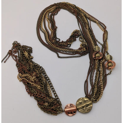 Vintage Bohemian Multi-Strand Copper & Gold-Tone Necklace With Metal Disc Accents & 6-Inch Tassel Drop