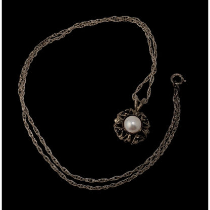Sterling Silver Pearl Pendant Necklace 925 Signed Vintage Romantic Jewelry