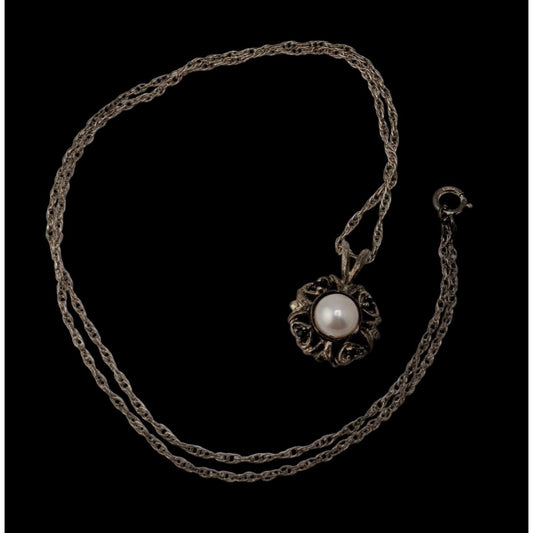 Sterling Silver Pearl Pendant Necklace 925 Signed Vintage Romantic Jewelry