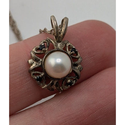 Sterling Silver Pearl Pendant Necklace 925 Signed Vintage Romantic Jewelry