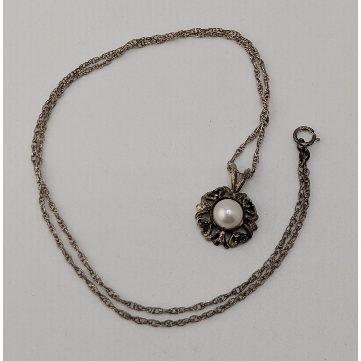Sterling Silver Pearl Pendant Necklace 925 Signed Vintage Romantic Jewelry