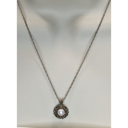 Sterling Silver Pearl Pendant Necklace 925 Signed Vintage Romantic Jewelry
