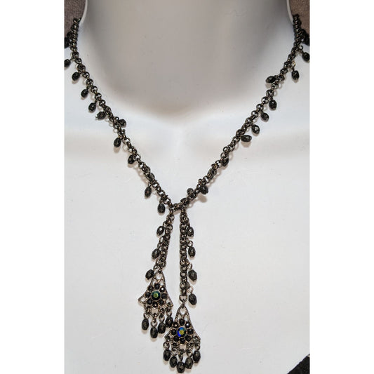 Gothic Black Beaded Chandelier Necklace With Iridescent Accents
