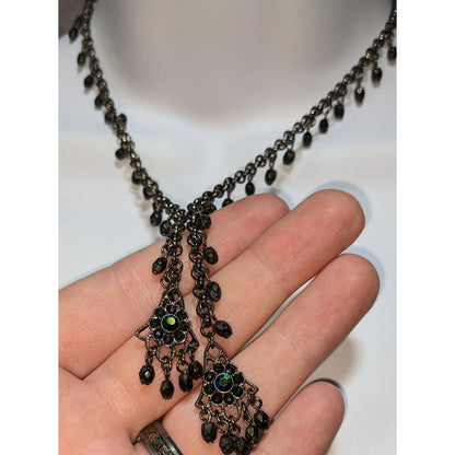 Gothic Black Beaded Chandelier Necklace With Iridescent Accents