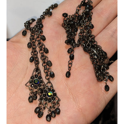 Gothic Black Beaded Chandelier Necklace With Iridescent Accents
