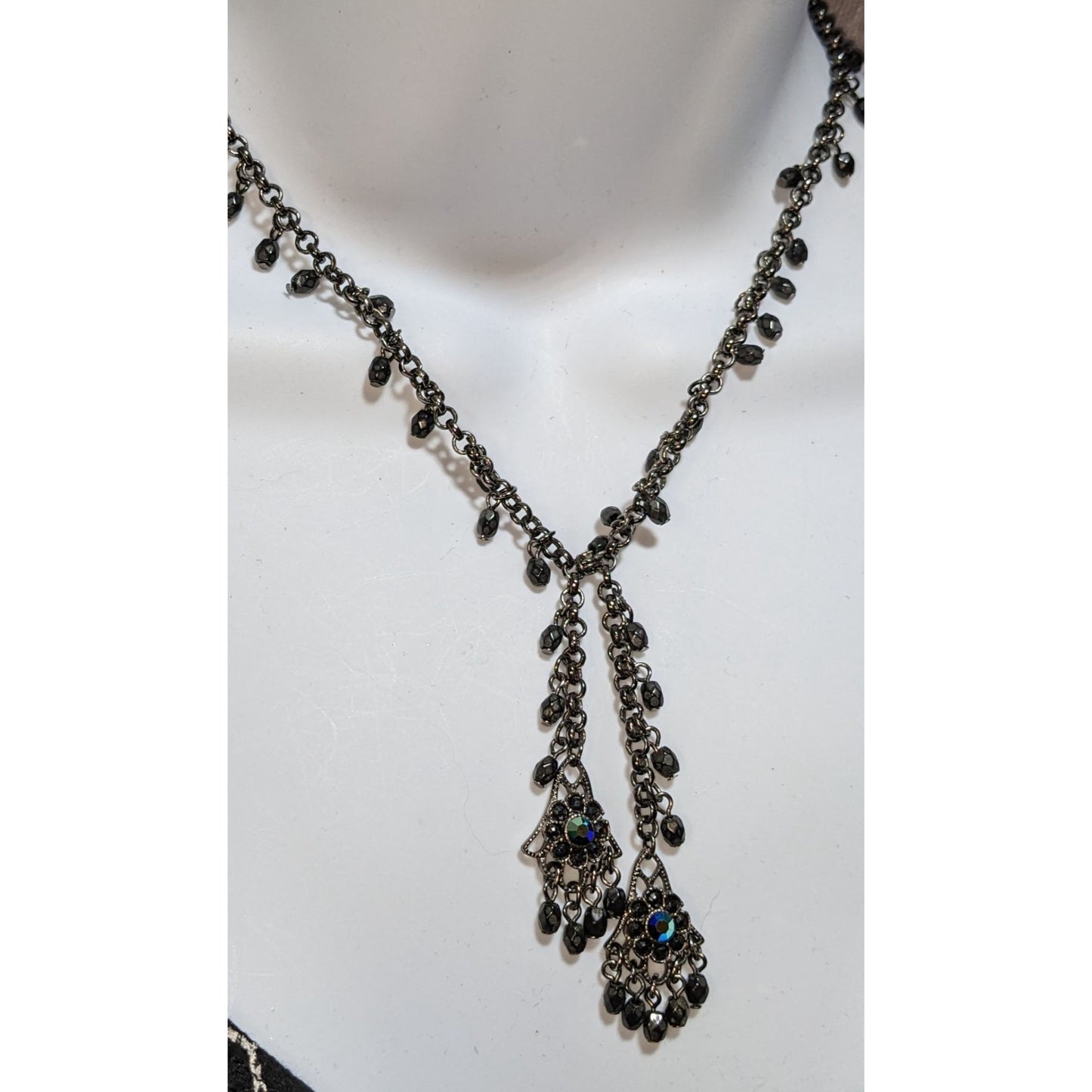 Gothic Black Beaded Chandelier Necklace With Iridescent Accents