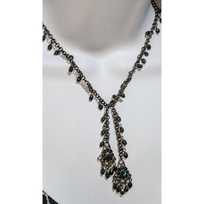 Gothic Black Beaded Chandelier Necklace With Iridescent Accents