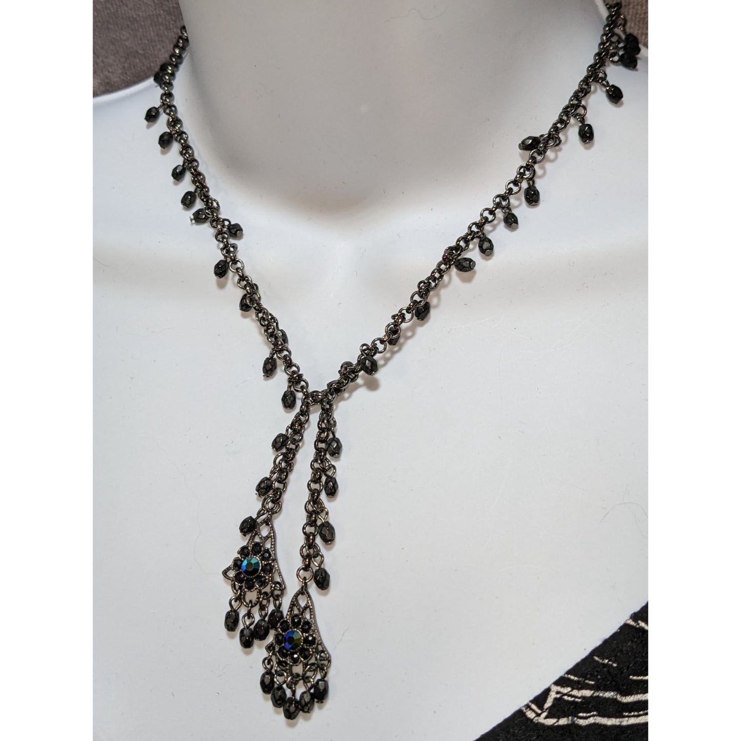 Gothic Black Beaded Chandelier Necklace With Iridescent Accents