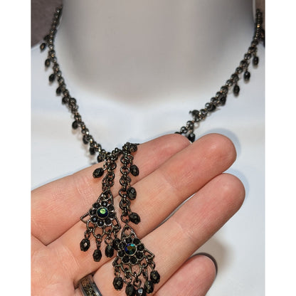 Gothic Black Beaded Chandelier Necklace With Iridescent Accents