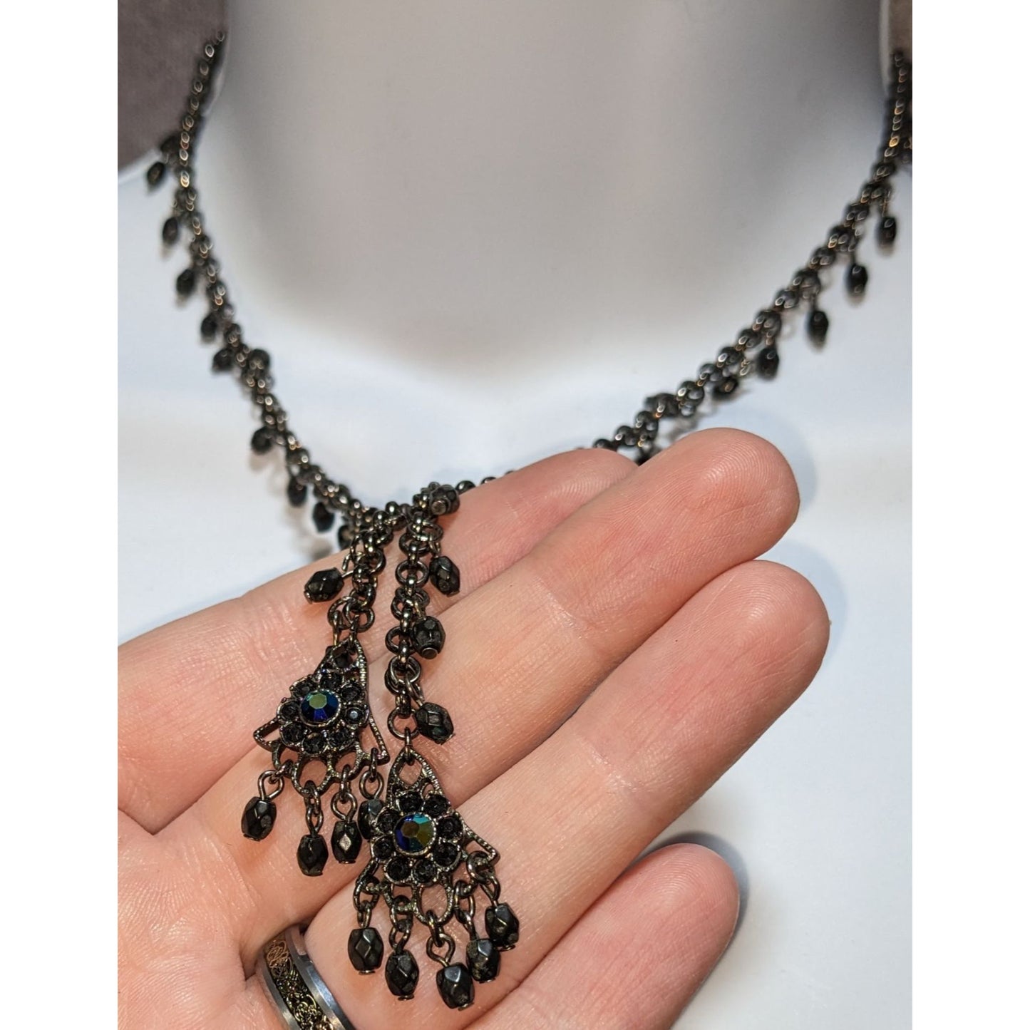 Gothic Black Beaded Chandelier Necklace With Iridescent Accents