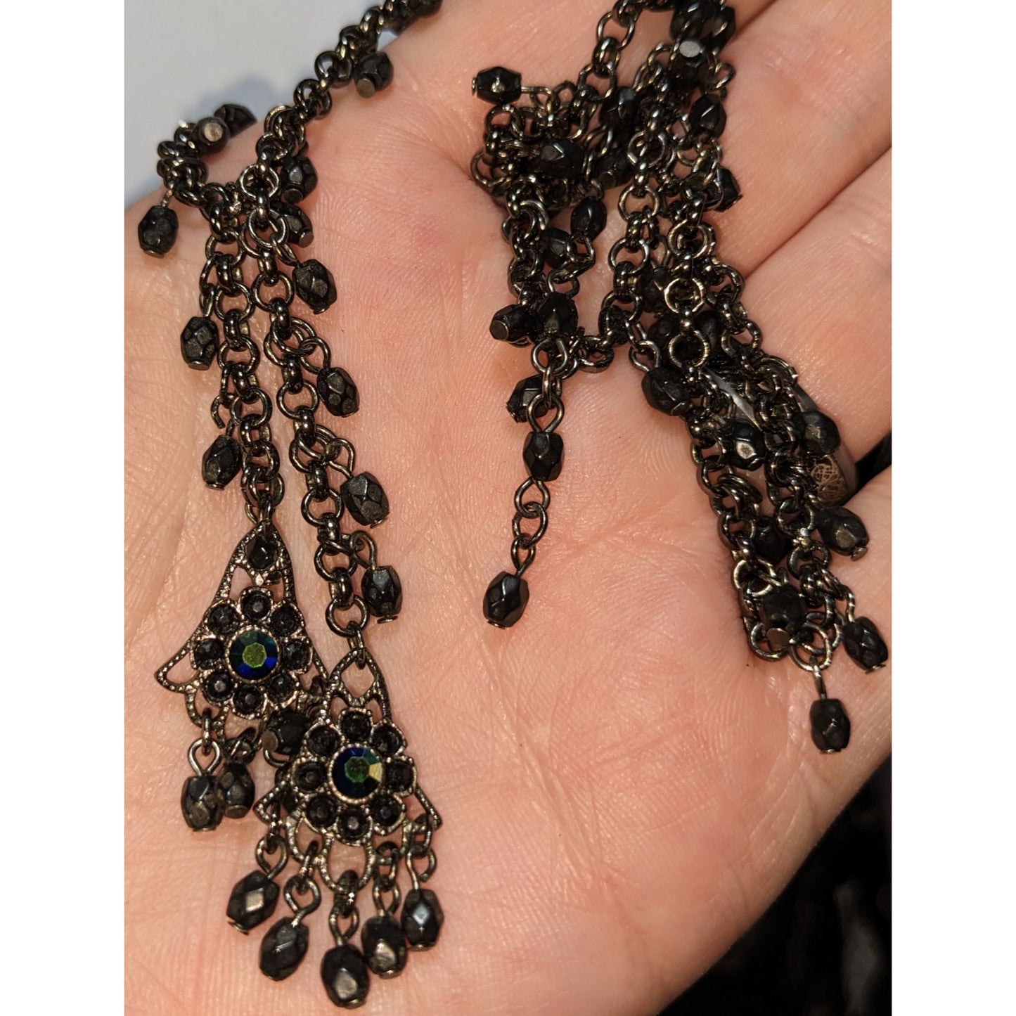 Gothic Black Beaded Chandelier Necklace With Iridescent Accents