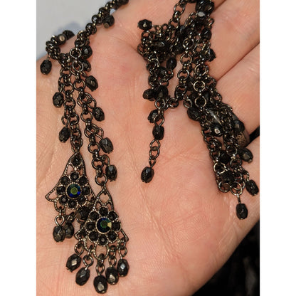 Gothic Black Beaded Chandelier Necklace With Iridescent Accents