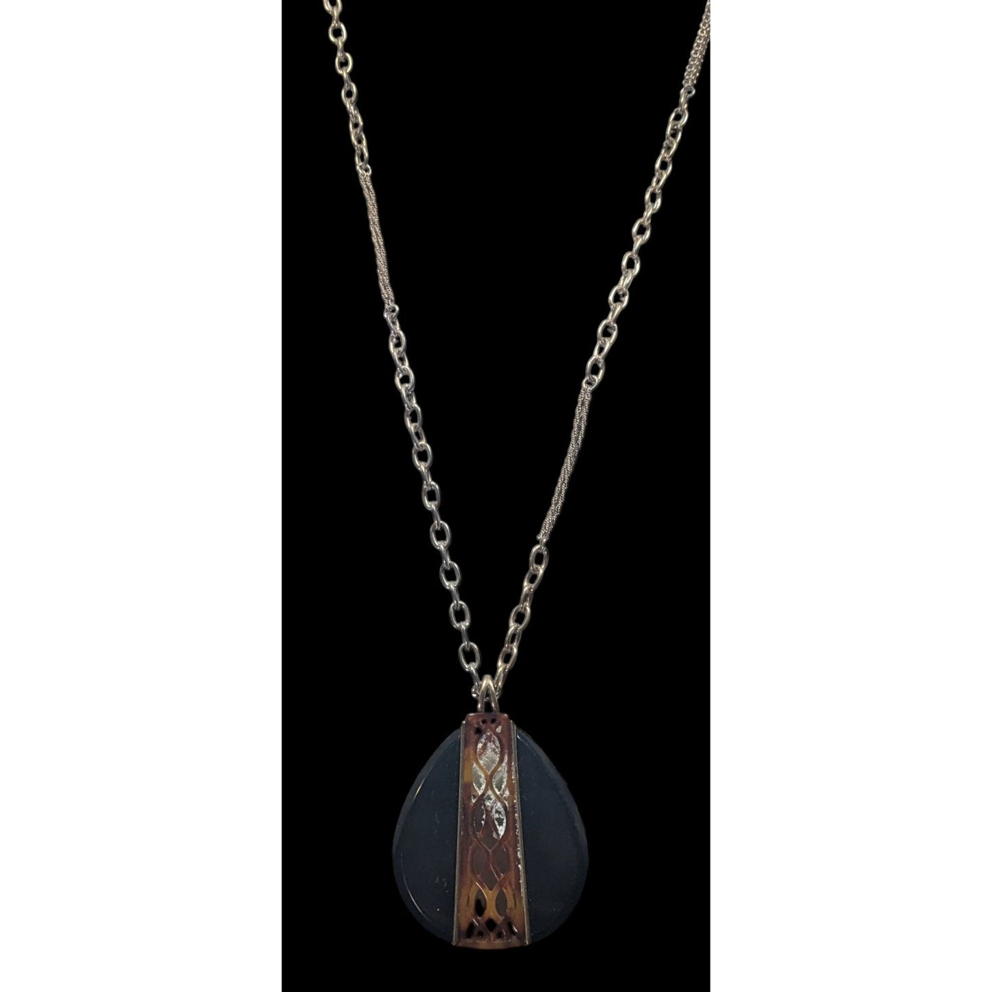 Vintage Liz Claiborne Tortoise Lucite Filigree Teardrop Pendant Necklace