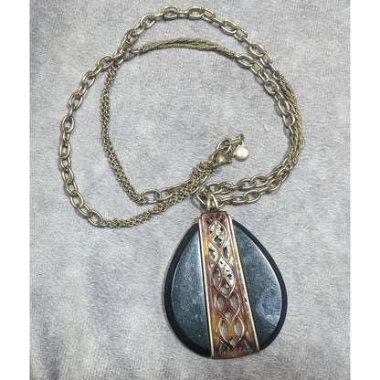 Vintage Liz Claiborne Tortoise Lucite Filigree Teardrop Pendant Necklace