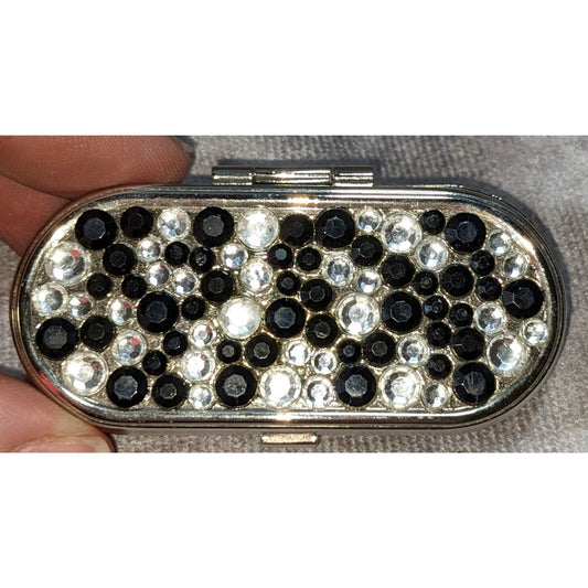Vintage Glam Goth Black Clear Rhinestone Pillbox Silver Tone Trinket Case