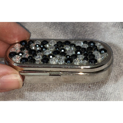 Vintage Glam Goth Black Clear Rhinestone Pillbox Silver Tone Trinket Case
