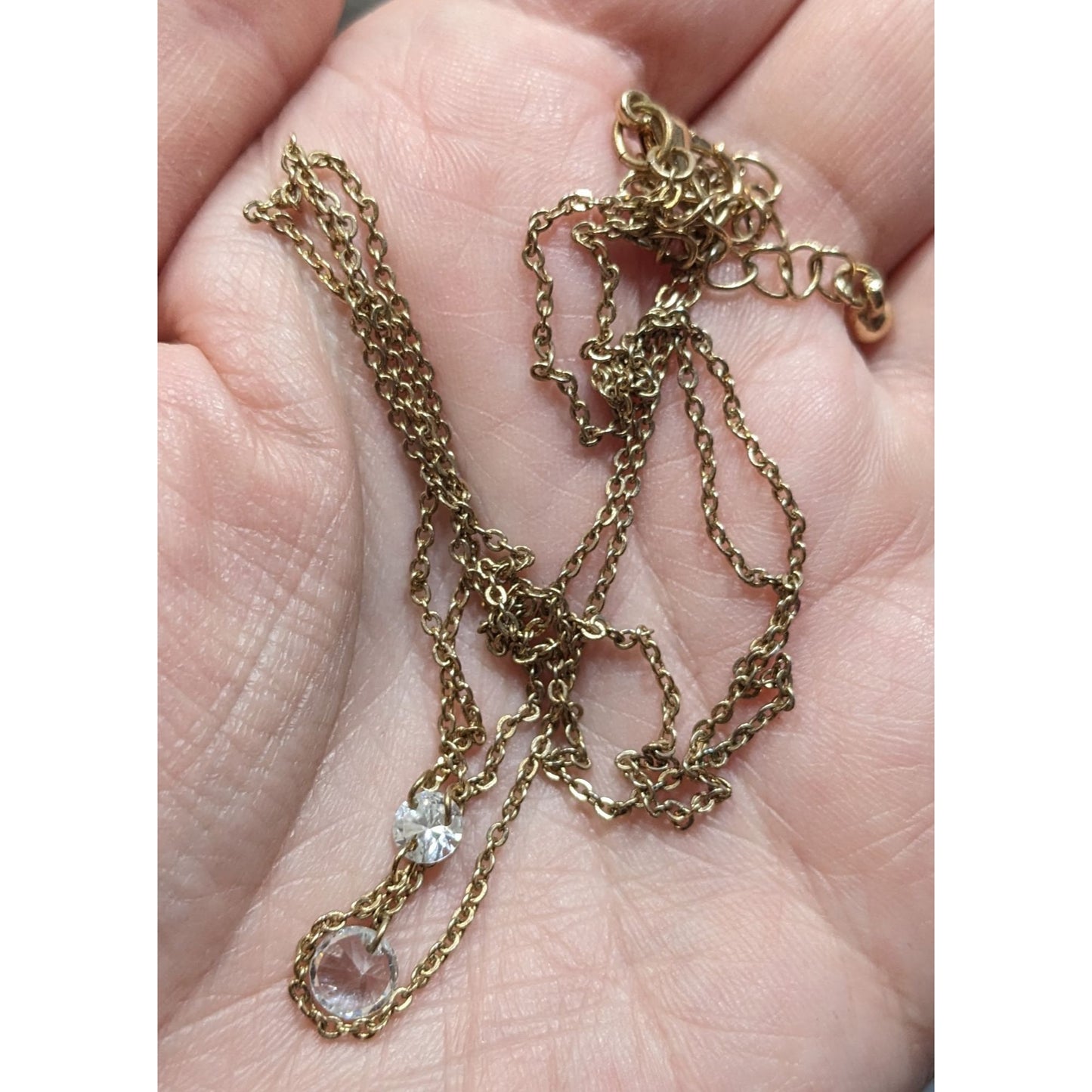 Gold-Tone Y-Shaped Necklace With Clear Crystal Accents Adjustable Chain Length