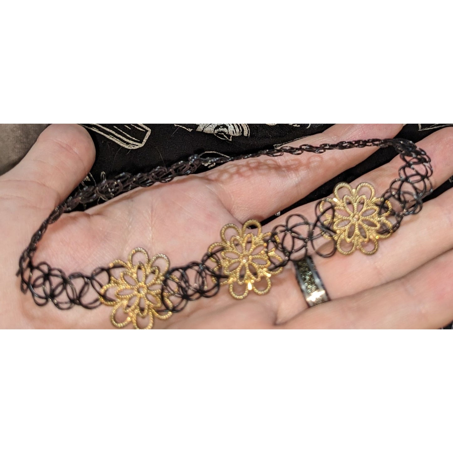Black Gold Floral Choker Stretch Tattoo Lace Necklace Goth Y2K Boho Vintage Style