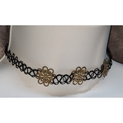 Black Gold Floral Choker Stretch Tattoo Lace Necklace Goth Y2K Boho Vintage Style