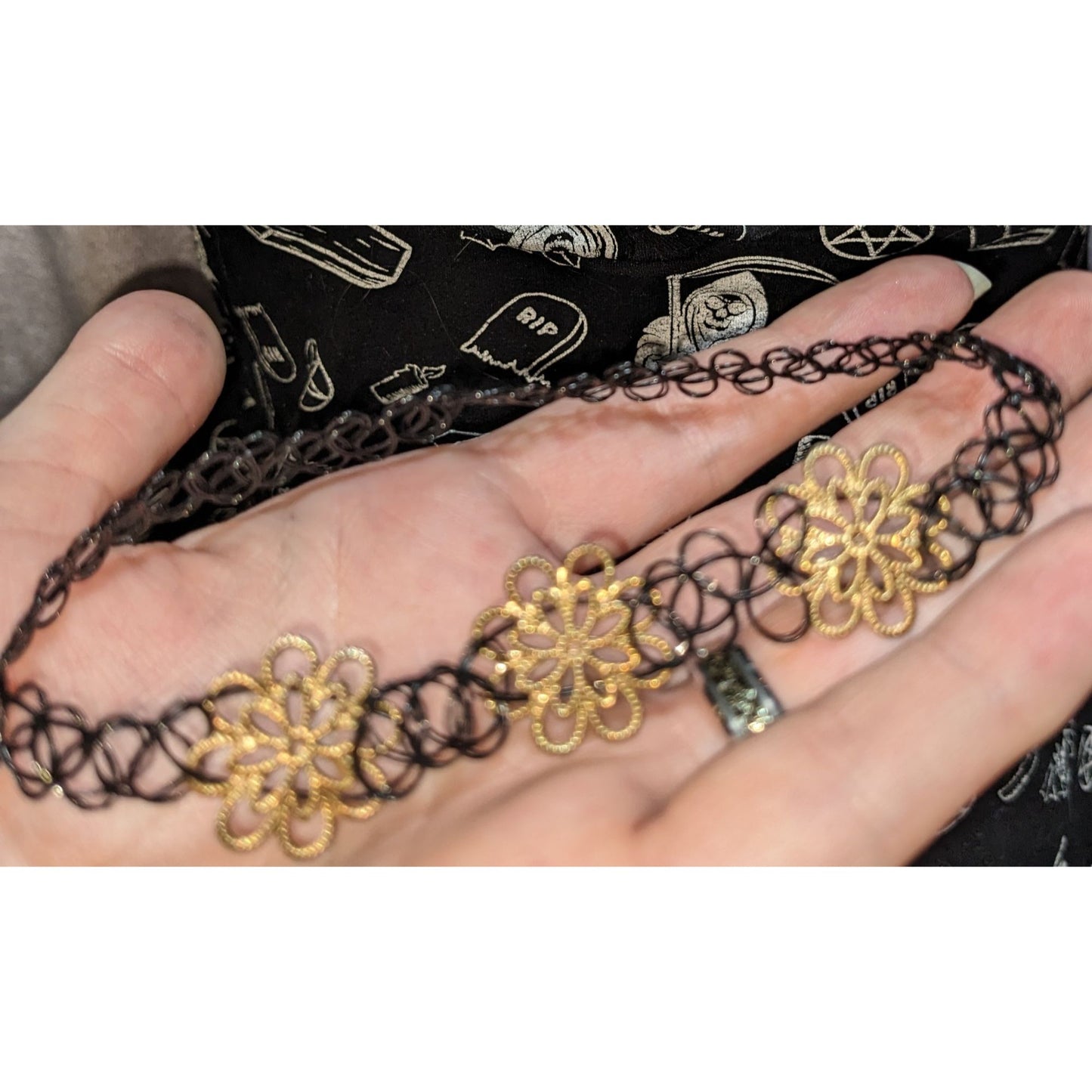 Black Gold Floral Choker Stretch Tattoo Lace Necklace Goth Y2K Boho Vintage Style