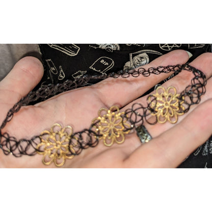 Black Gold Floral Choker Stretch Tattoo Lace Necklace Goth Y2K Boho Vintage Style